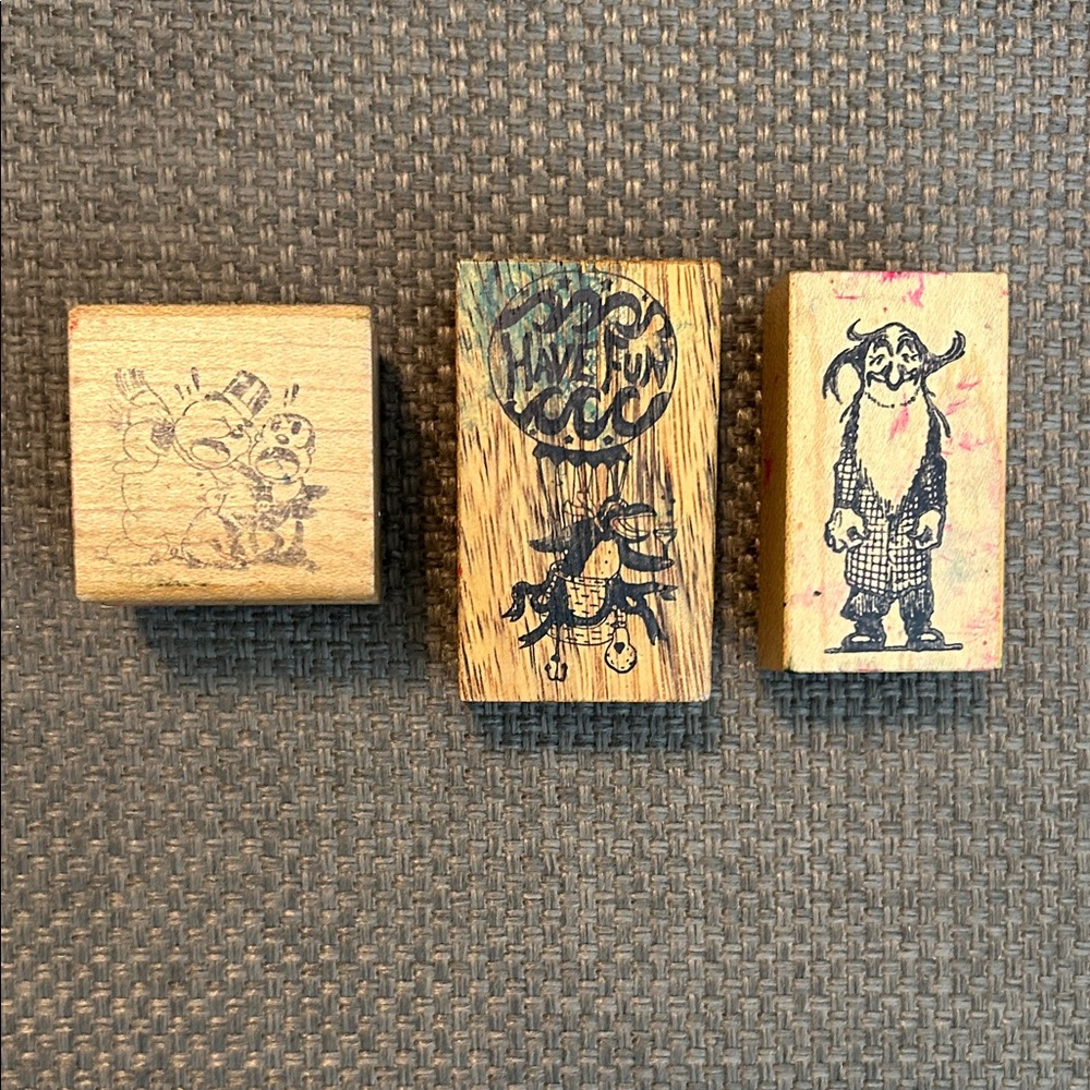 Set of 3 Vintage Wood Rubber Stamps - Cartoon Characters